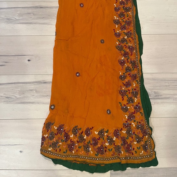 Women’s Indian 3 Piece Orange with Detailed Top & Pants w Matching Wrap-Large - Picture 2 of 11